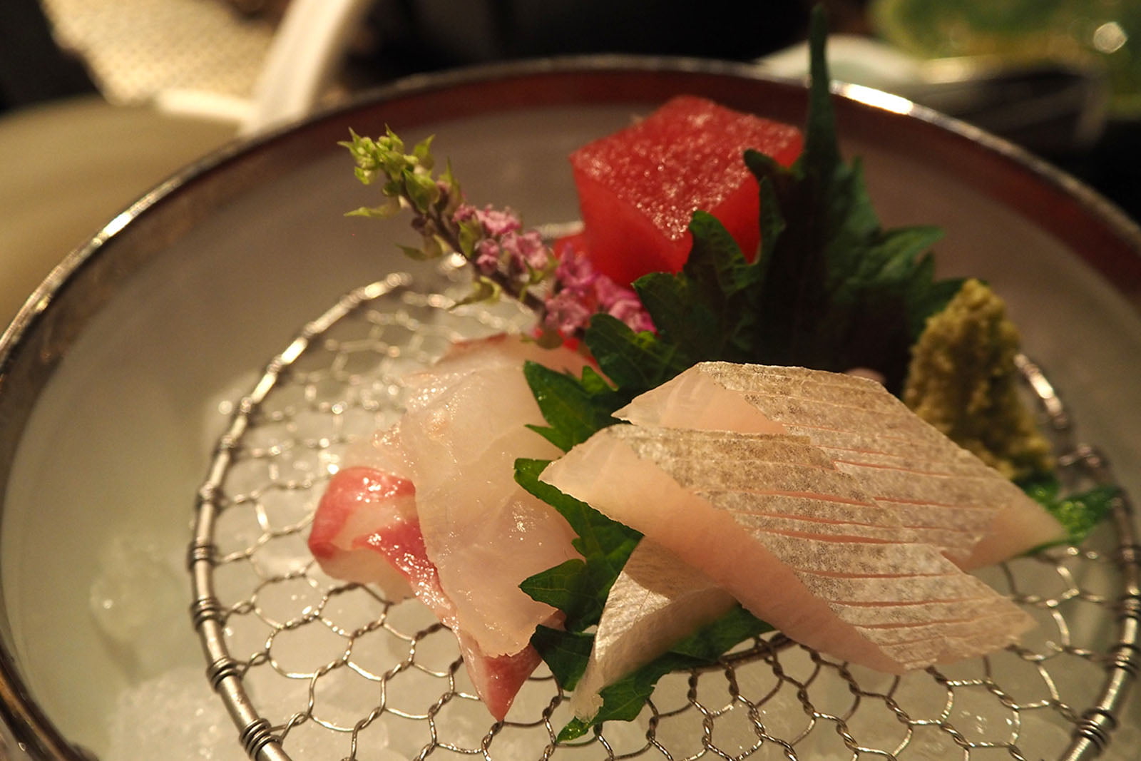 sashimi of sea bream, tuna, & greater amberjack with Japanese horseradish & special soy sauce