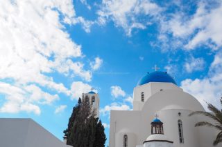 church at Imerovigli | Santorini in shades of blue & white • The Petite Wanderess